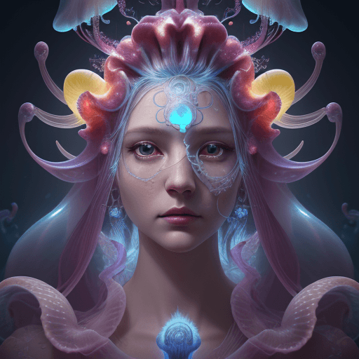 AI generated: Goddess close-up portrait ribcagel. jellyfish phoenix head, nautilus, orchid, skull, betta fish, bio...