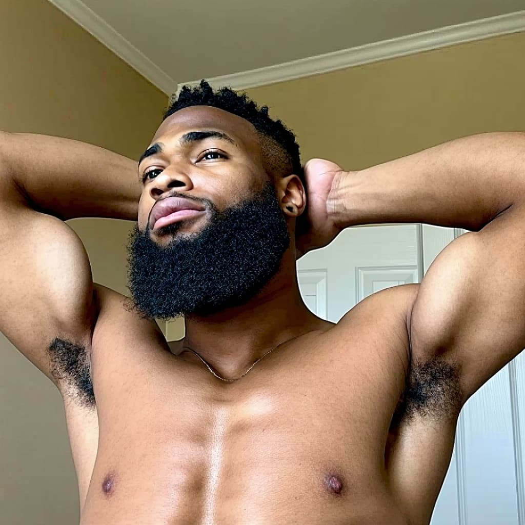AI generated: black man, hairy, showing armpit, naked, big cock