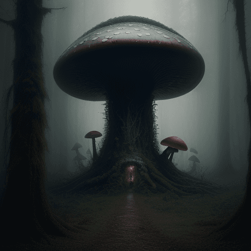 AI generated: Oscar winning detailed photography, cinematic scene, gloomy forest, with a giant fantastical mushroo...