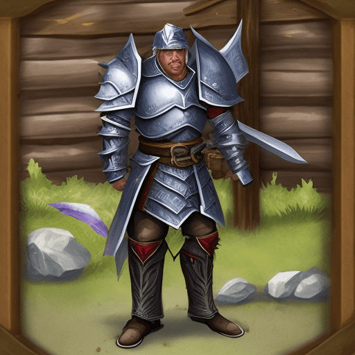 AI generated: DnD 5e Asimar Paladin Broken Wings in Plate Armor at his Log cabin