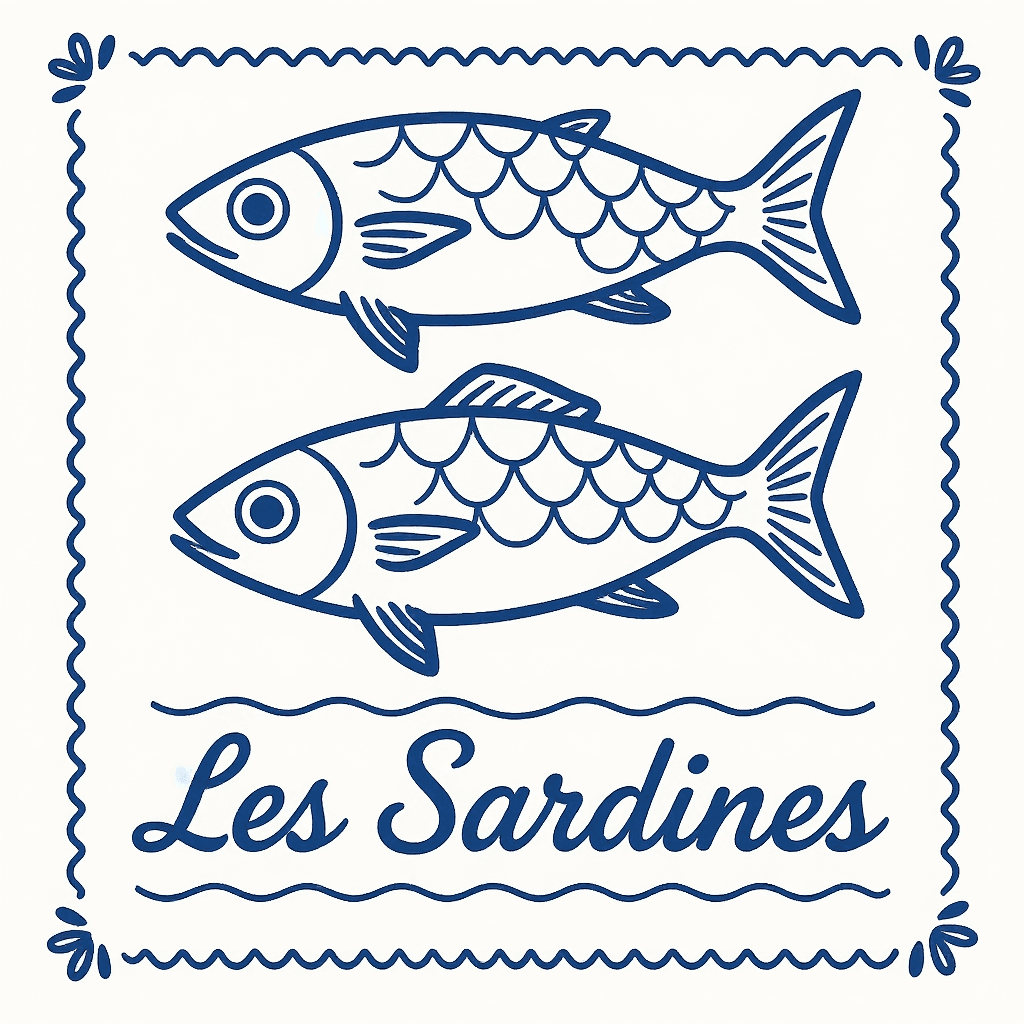AI generated: A charming and minimalistic digital line art illustration featuring two stylized sardines in deep na...