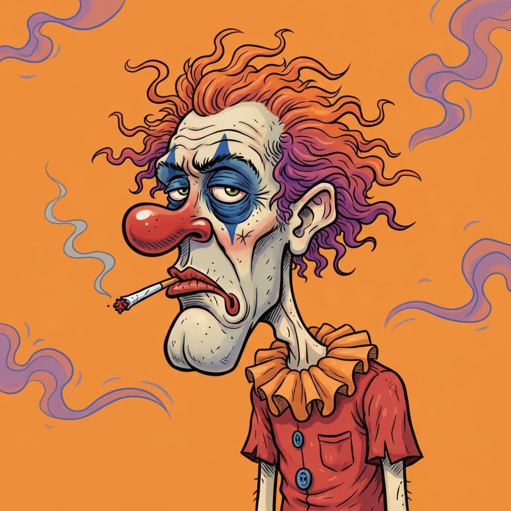 AI generated: funny caricature, disheveled clown character, male, 45 years old, messy, grumpy, tired, exaggerated ...