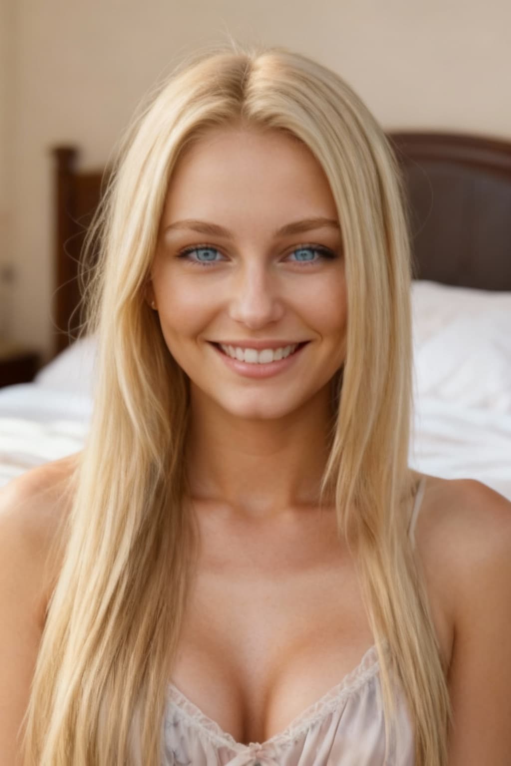 AI generated: take the face from the input picture and this woman in her bedroom smiling and wearing a night dress