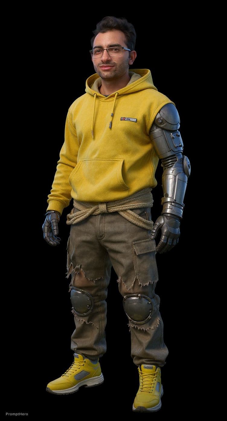 AI generated: futuristic character blending advanced technology with traditional, rugged clothing. The black backg...