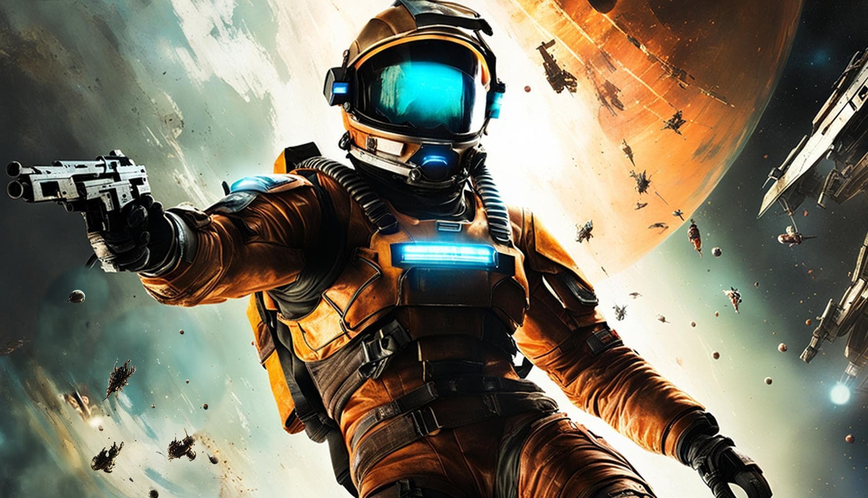 AI generated: 200mm (grunge) portrait photo by Hugo Ceneviva, Isaac Clark in action-packed scene from Dead Space g...