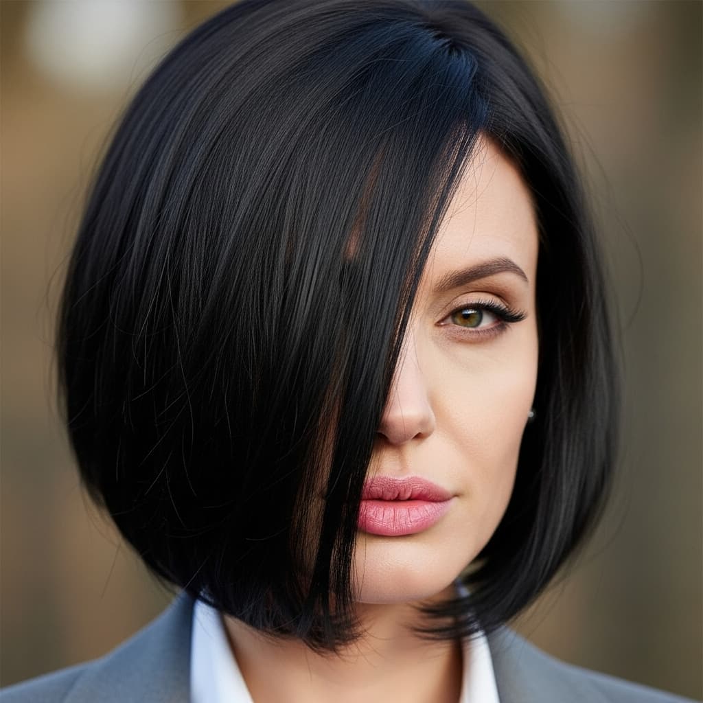 AI generated: a closeup of Angelina jolie type of model with bob-cut straight black hair,with,the woman's face par...