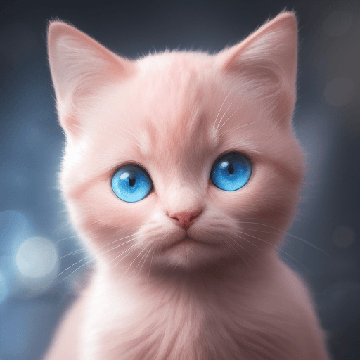AI generated:  Portrait photo of cute pink baby cat with fill of lightening colors, blue eyes, light bokeh, light ...