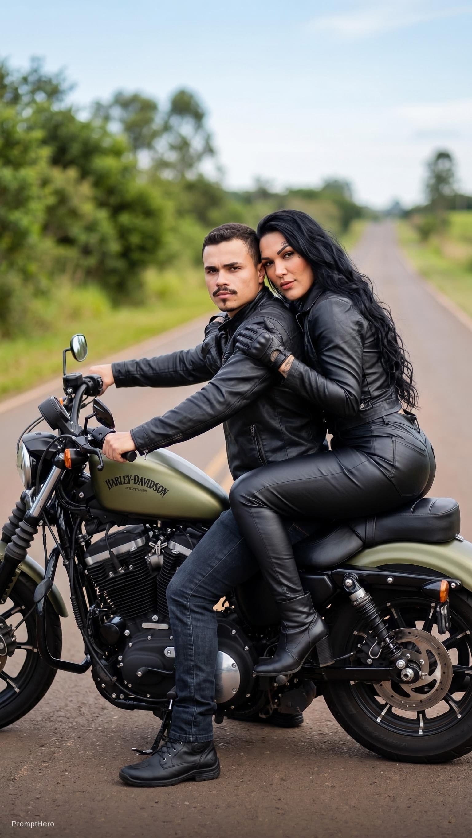 AI generated: Pair these two people with this prompt.

"A lifestyle photograph, with a biker-chic and romantic aes...