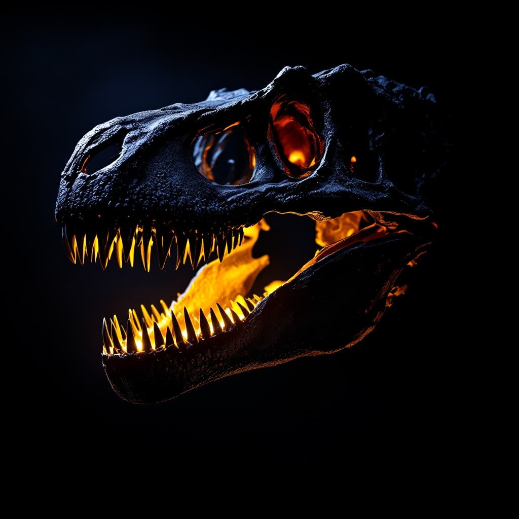 AI generated: T rex skull, dramatic lighting
