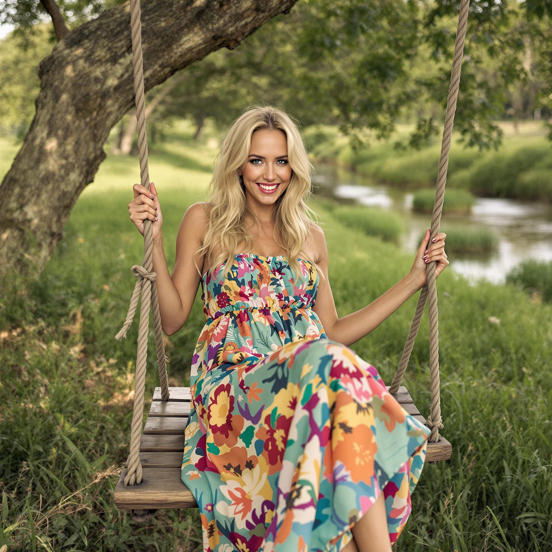 AI generated: full body, woman,jennifer lawrence, light blue eyes, swinging on a wooden swing hanging from a tree,...