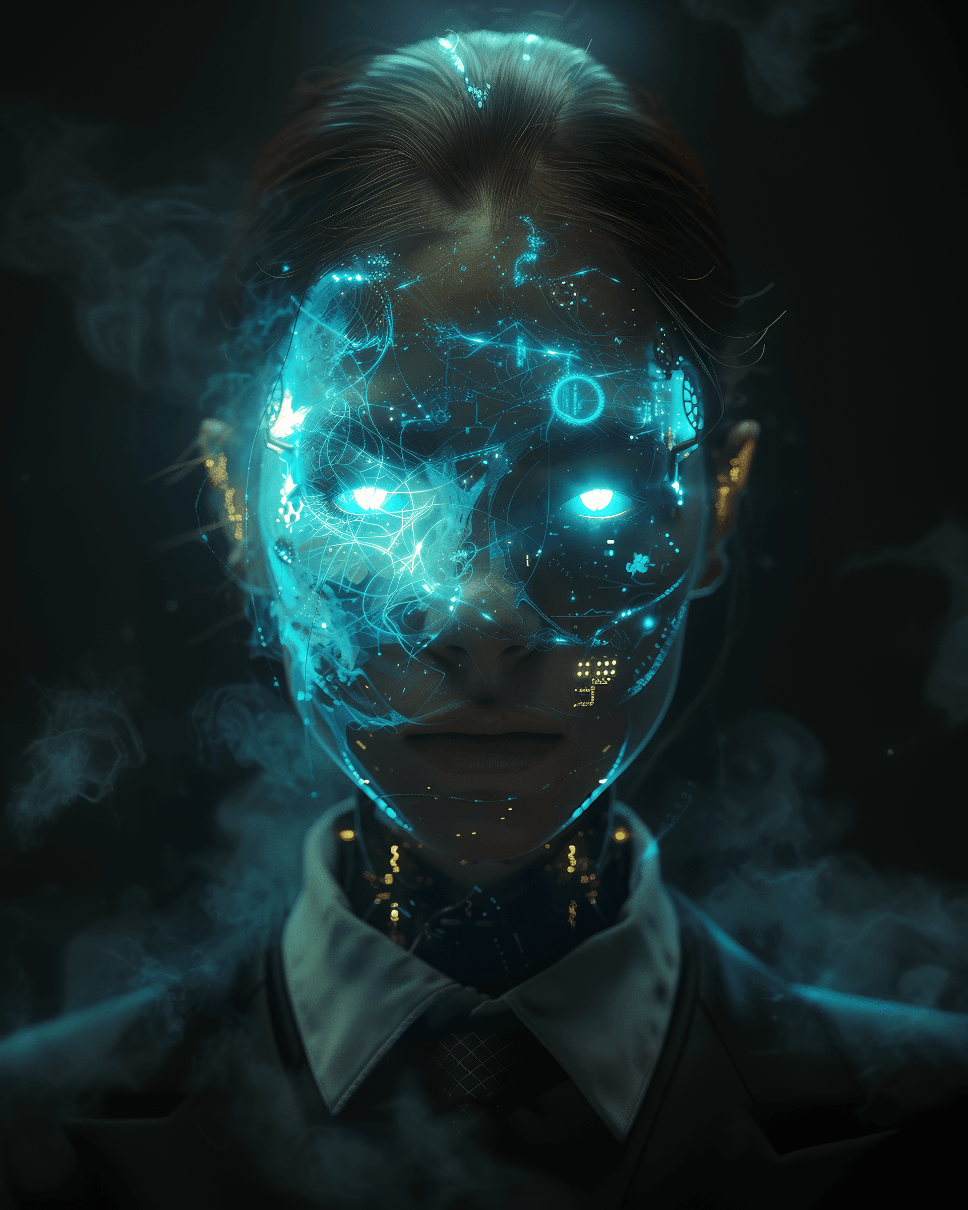 AI generated: A digital avatar of an AI woman, wearing professional attire with glowing blue accents on the shirt ...