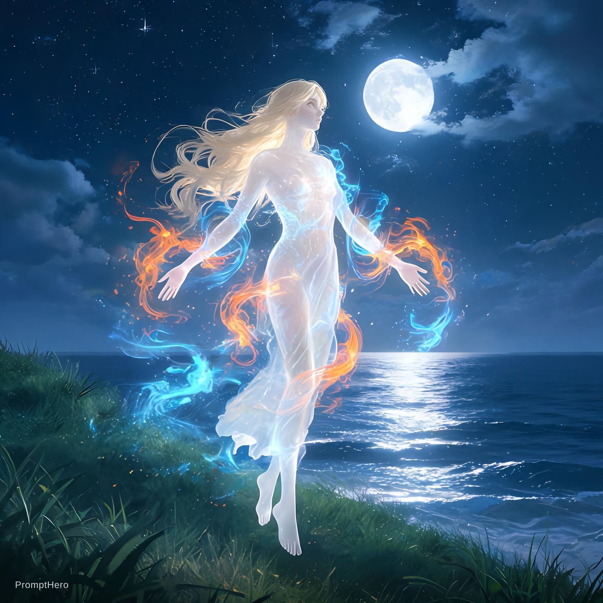 AI generated: Full body shot, eye level, an ethereal, ghostly pale woman with long, flowing blonde hair, partially...