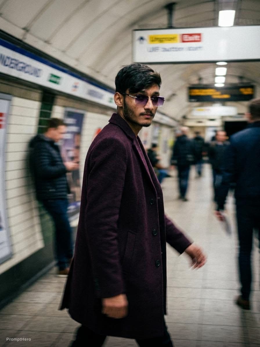 AI generated: fashion editorial photography, motion blur, male model, wearing an wool coat, deep purple color, wal...