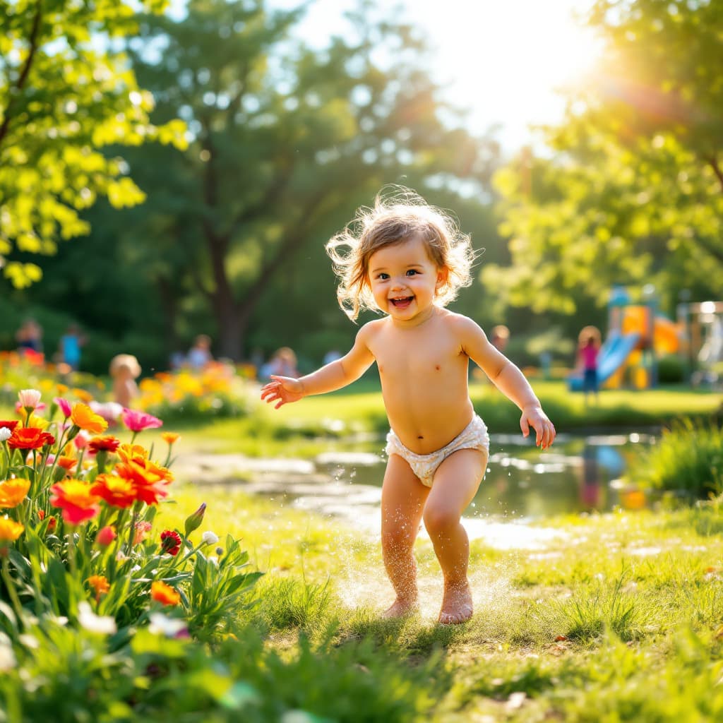 AI generated: A cheerful very young precious girl fully unclothed, full body shot, playing in a vibrant park, surr...