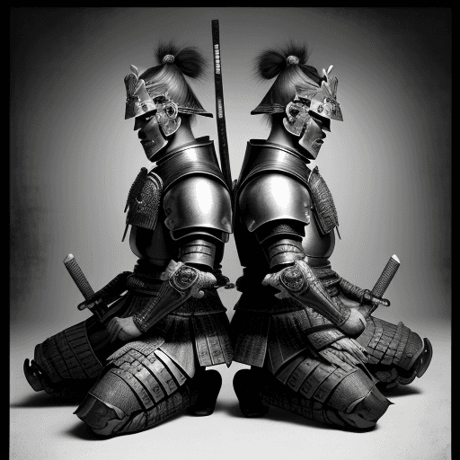 AI generated: two samurai in armor stand in a black and white picture, in the style of uniformly staged images, in...