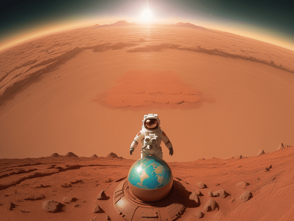 AI generated: A smiling astronaut stands on the red soil of Mars, proudly waving the Hungarian flag. In the backgr...