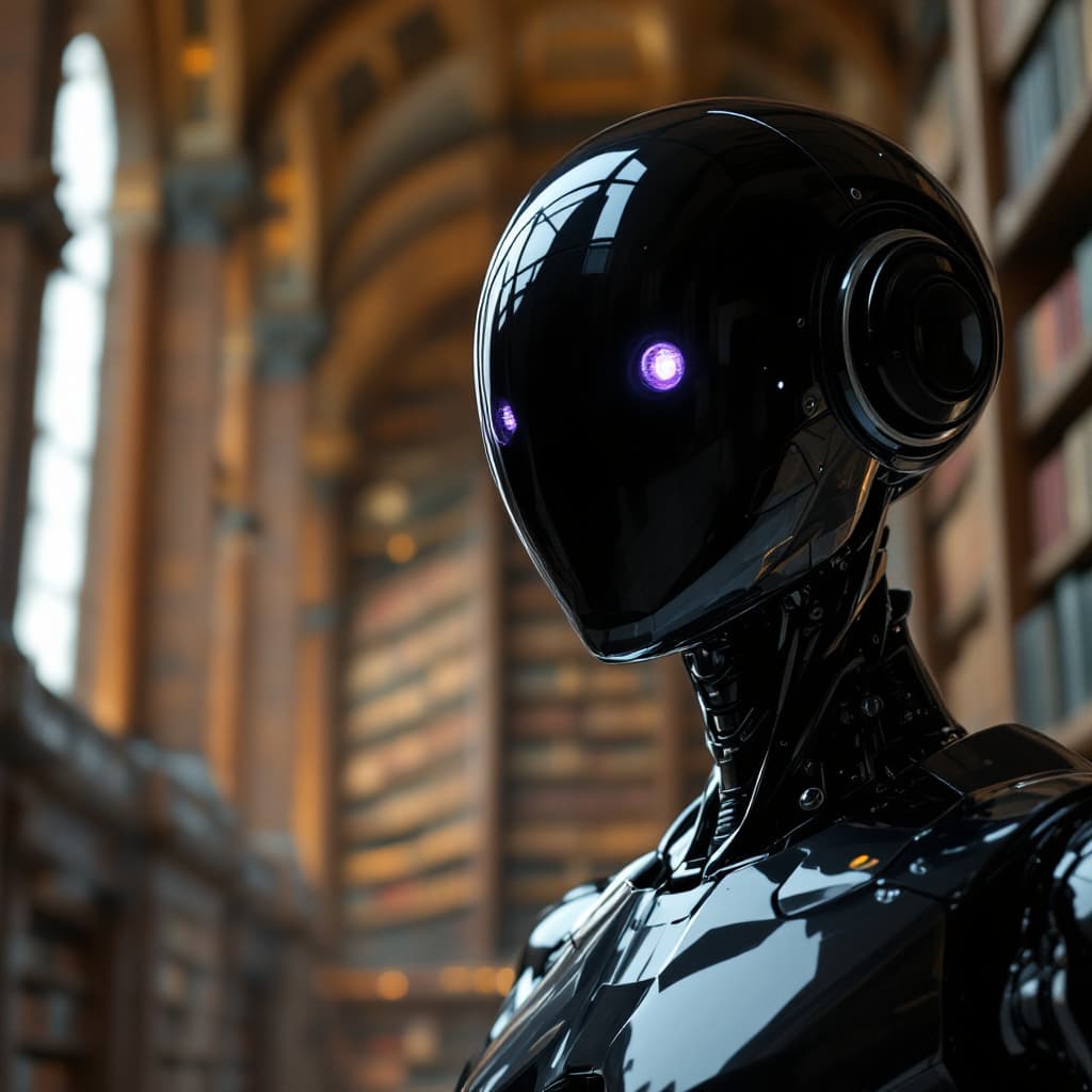 AI generated: A highly detailed cinematic shot capturing a humanoid robot from the knees up, with a reflective, do...