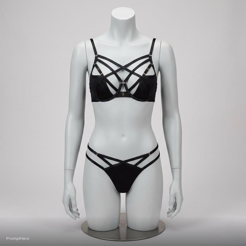 AI generated: Create a headless mannequin that is currently wearing a black strap-style Victoria Secret bra and th...