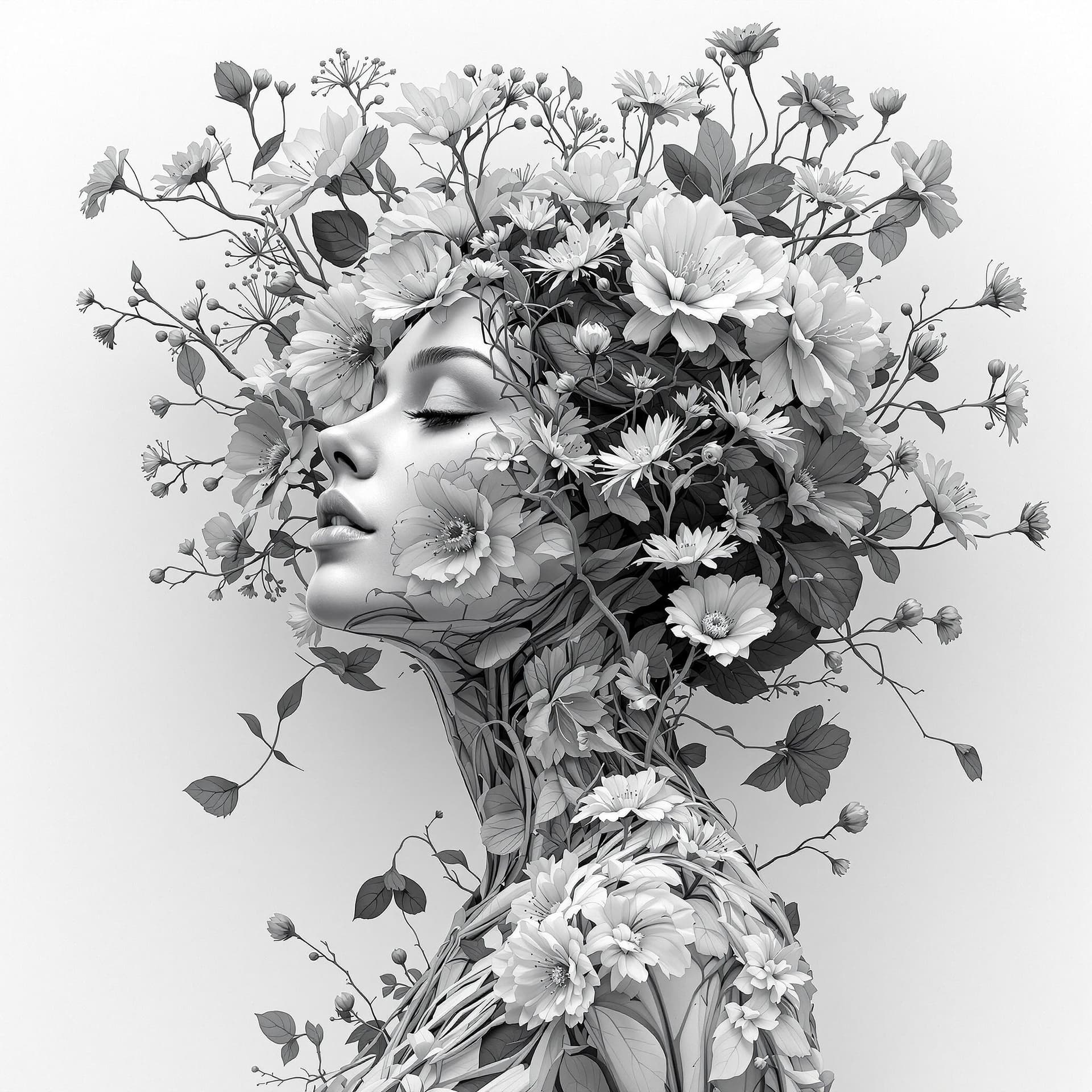 AI generated: 3d woman in flowers with human and flower shaped branches, in the style of medical imaging film, det...