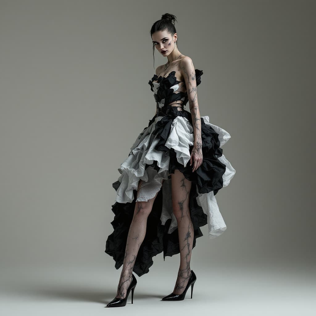 AI generated: high fashion portrait of a woman with rough skin wearing black heels and a dress made from pieces of...