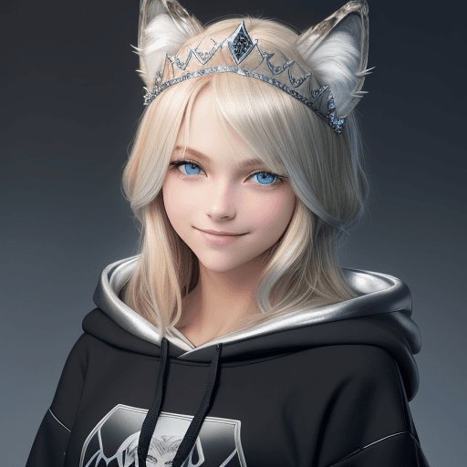 AI generated: medium length blond hair, blue eyes, girl, closeup, silver tiara, smile, side view, 
black hoodie, w...