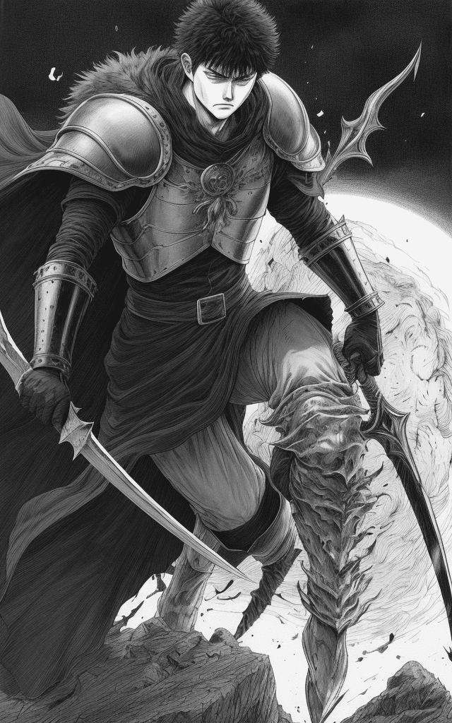 AI generated: monochrome, a man with big eyes, brown hair with tuft, in golden armor, badly injured, manga, ((with...