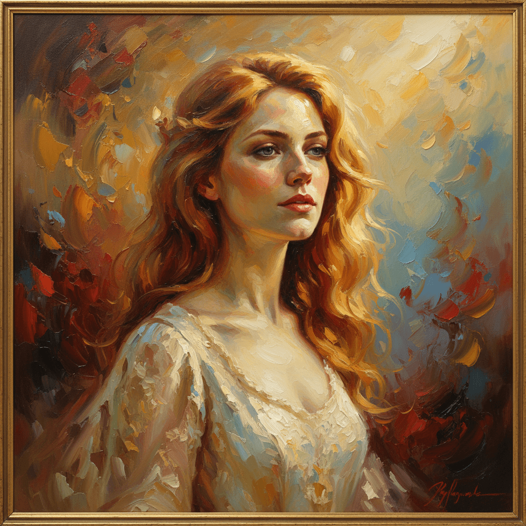 AI generated: a painting of a woman, in the style of brushstroke-intensive portraits, cinematic elegance, golden l...