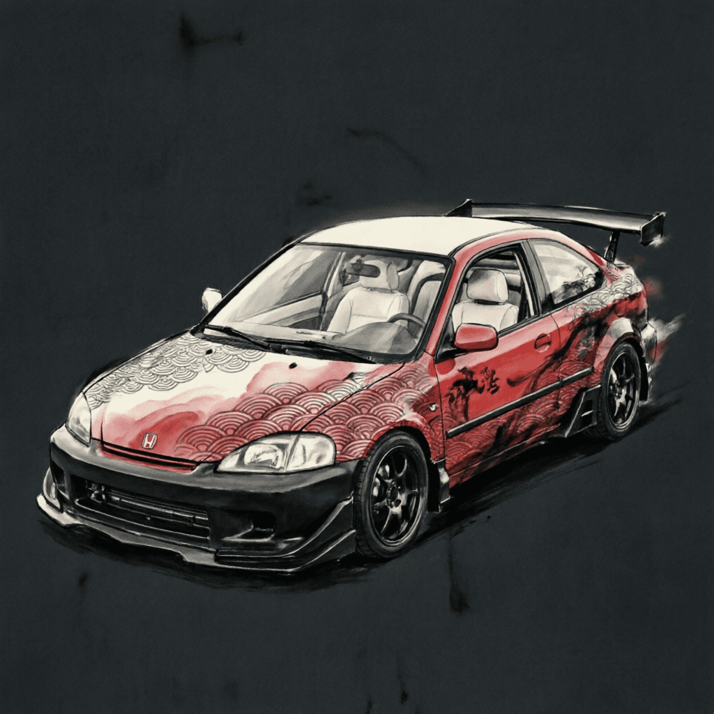 AI generated: A contemporary Asian-inspired graphic design of a 2000 Honda Civic EK Kanjo Racer. The car is decons...
