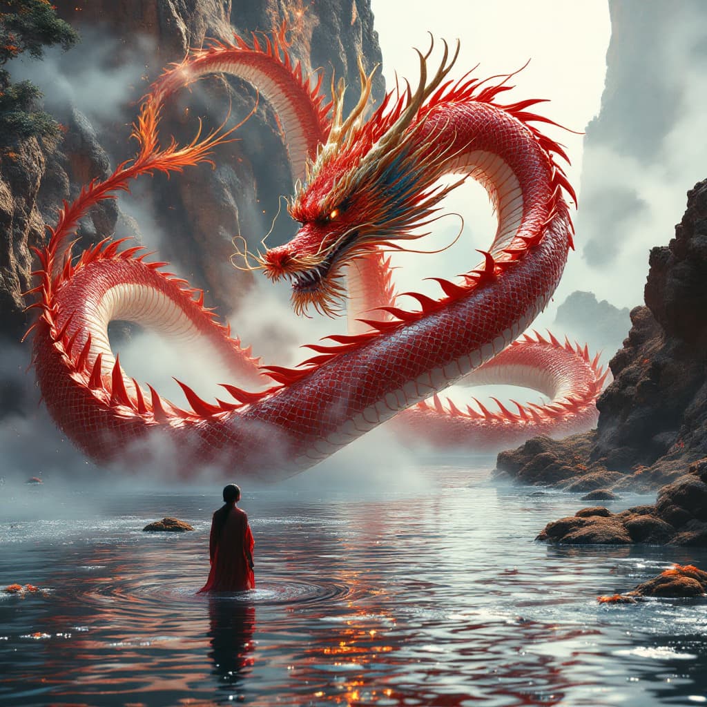 AI generated: a full wide photo shot of a person standing in the water next to a Chinese dragon, in the style of f...