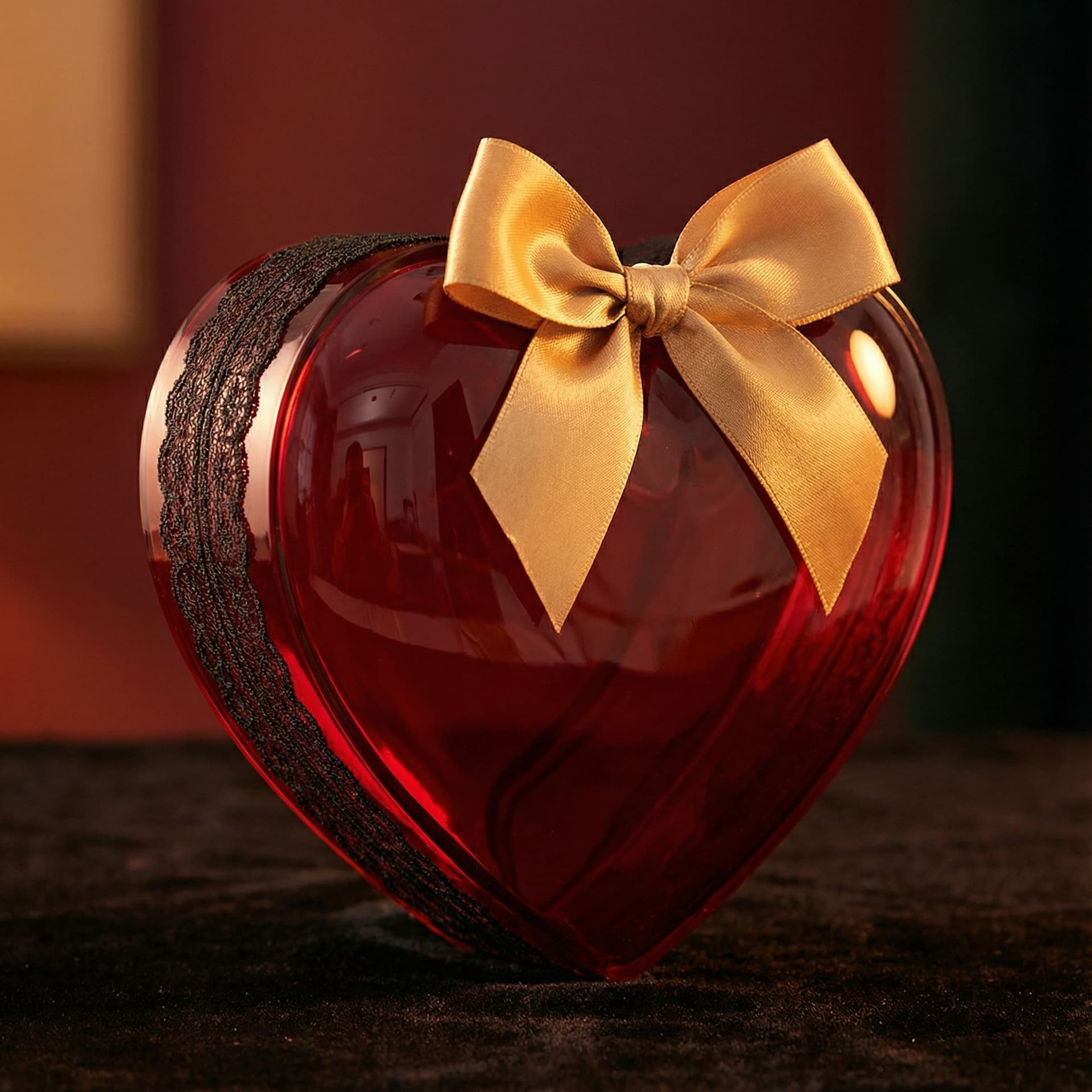 AI generated: A vibrant, glossy acrylic red heart with a smooth, reflective surface, adorned with an intricate bla...
