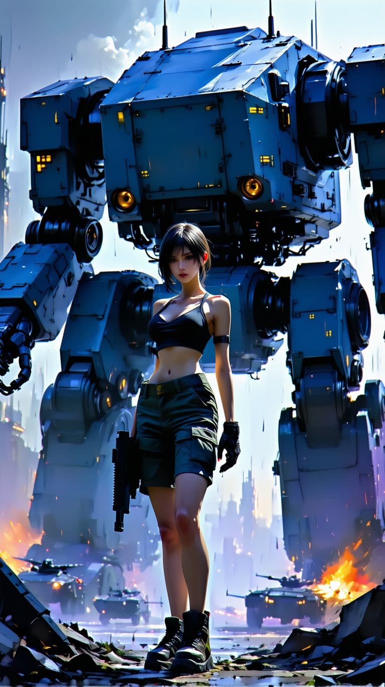 AI generated: In the style of Yoji Shinkawa, full body shot of a young beautiful European woman with gun and her l...
