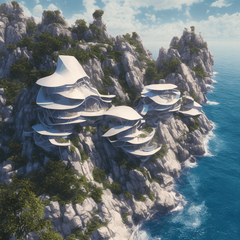 AI generated: editorial style photo of a home perched on a cliff, modern design aesthetics by Mike “Beeple” Winkel...