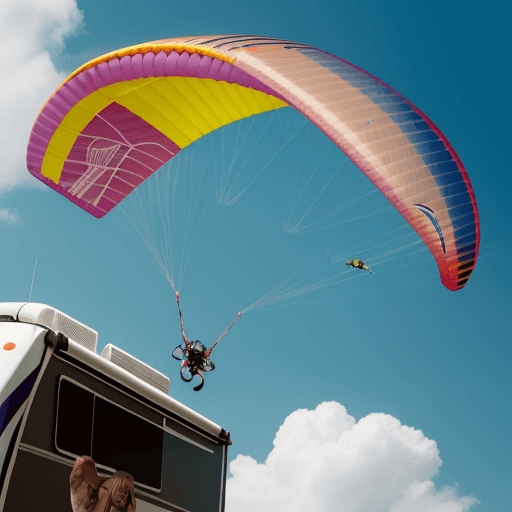 AI generated: A paraglider flying over a RV motorhome, edgy street art, celebrity-portraits, cardboard, fragmented...