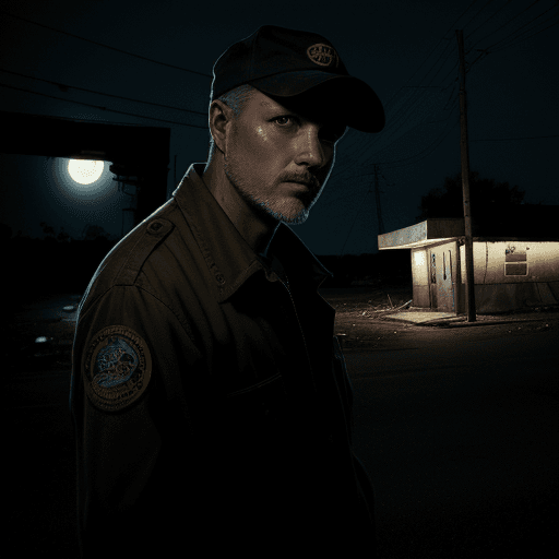 AI generated: david fincher style, man, veteran, 45 years old, outside of a rusty rv, next to abandoned gas statio...