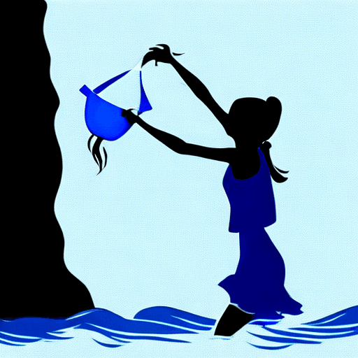 AI generated: a girl throwing blue water from a silver bowl into the wind.  style: silhouette