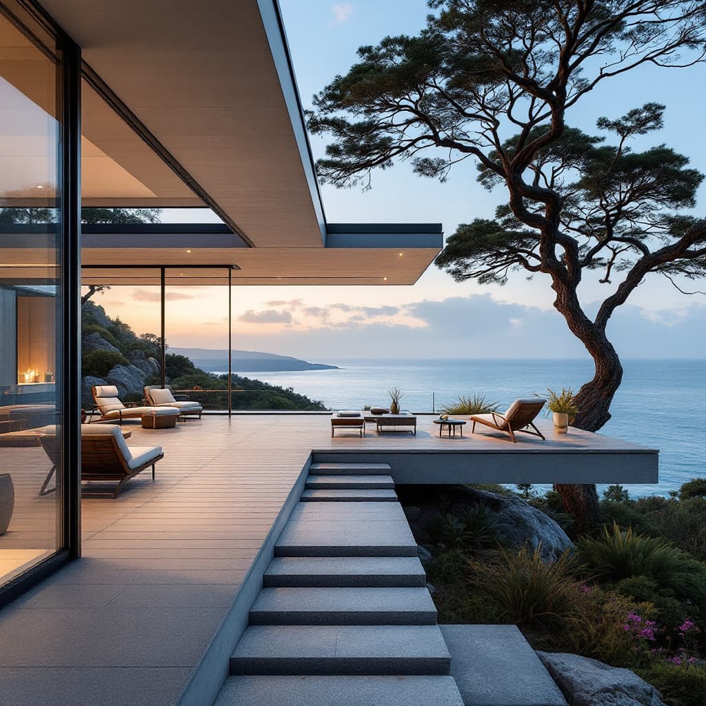 AI generated: Hyper realistic eye level exterior photo of a mid century modern style house overlooking the ocean, ...