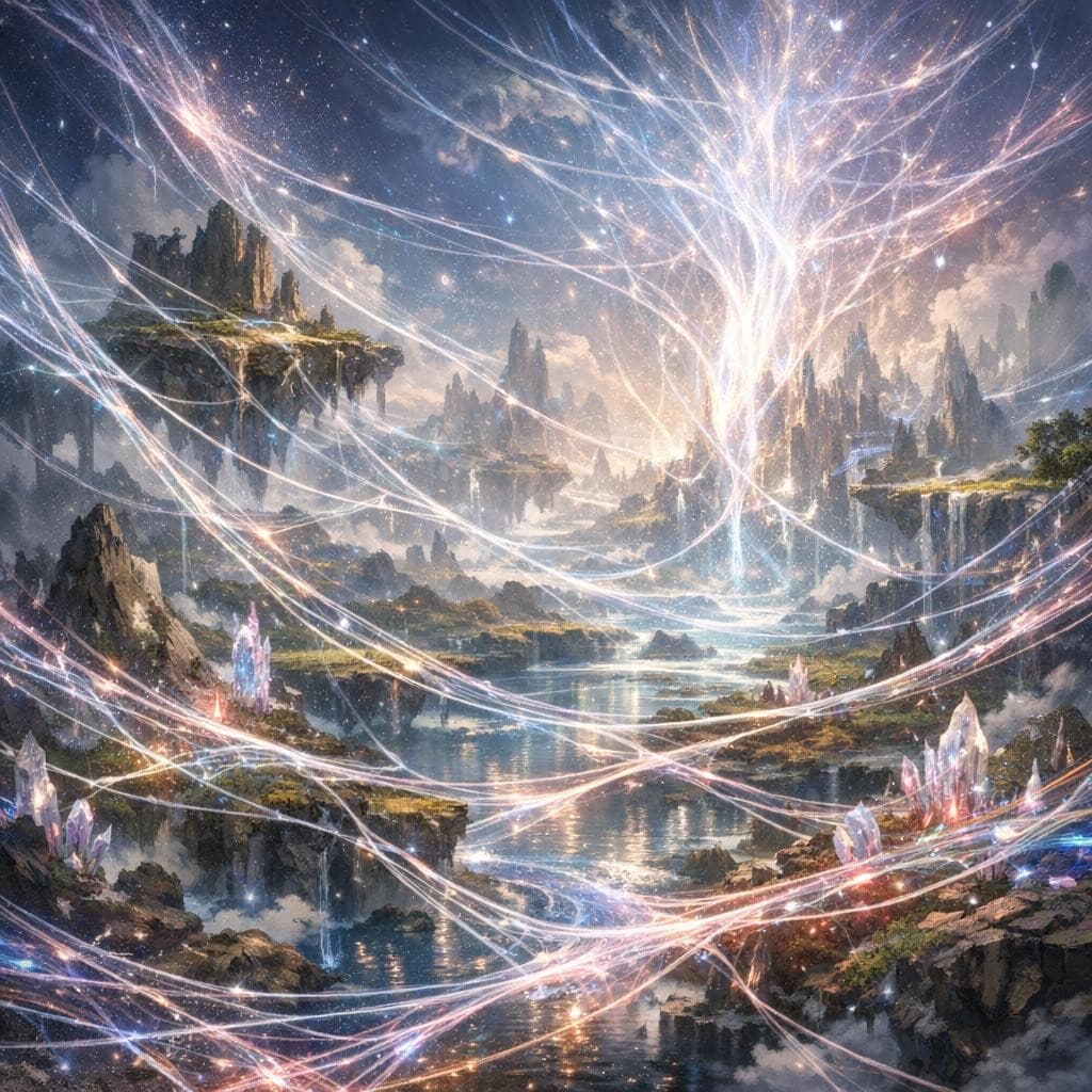 AI generated: Create a unique environment/Biome of a Fate → The Weave Expanse (visible strands connecting reality ...