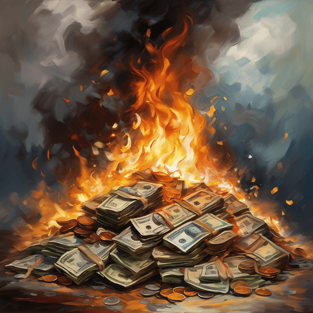 AI generated: burning pile of money, epic composition, digital painting, (expressionism:1.1), emotionally profound...
