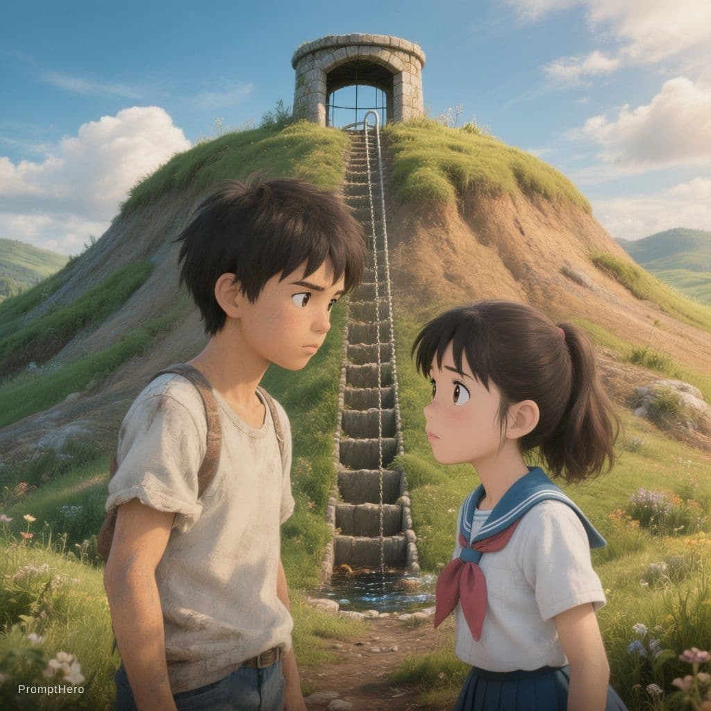 AI generated: a highly detailed matte painting of a young boy and girl at the bottom of a huge hill and at the top...