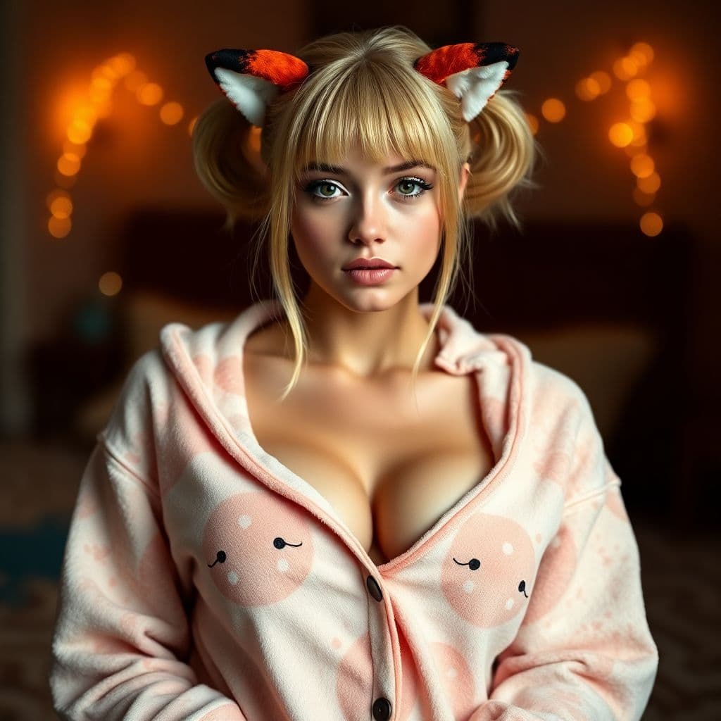 AI generated: hyperrealistic 21 year old blonde with bangs and pigtails wearing fox onesie pajamas and showing her...
