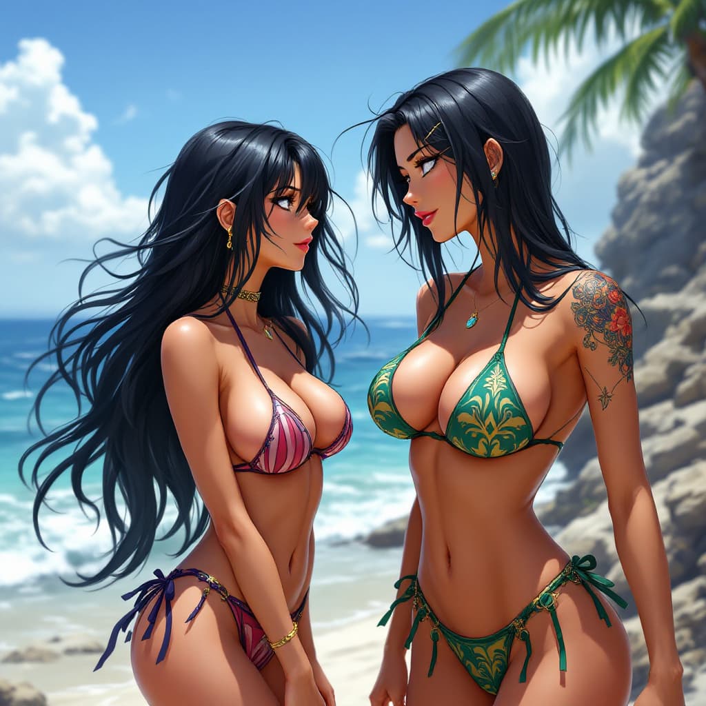 AI generated: Nico Robin and Nami, in beach bikini, with ocean in the background