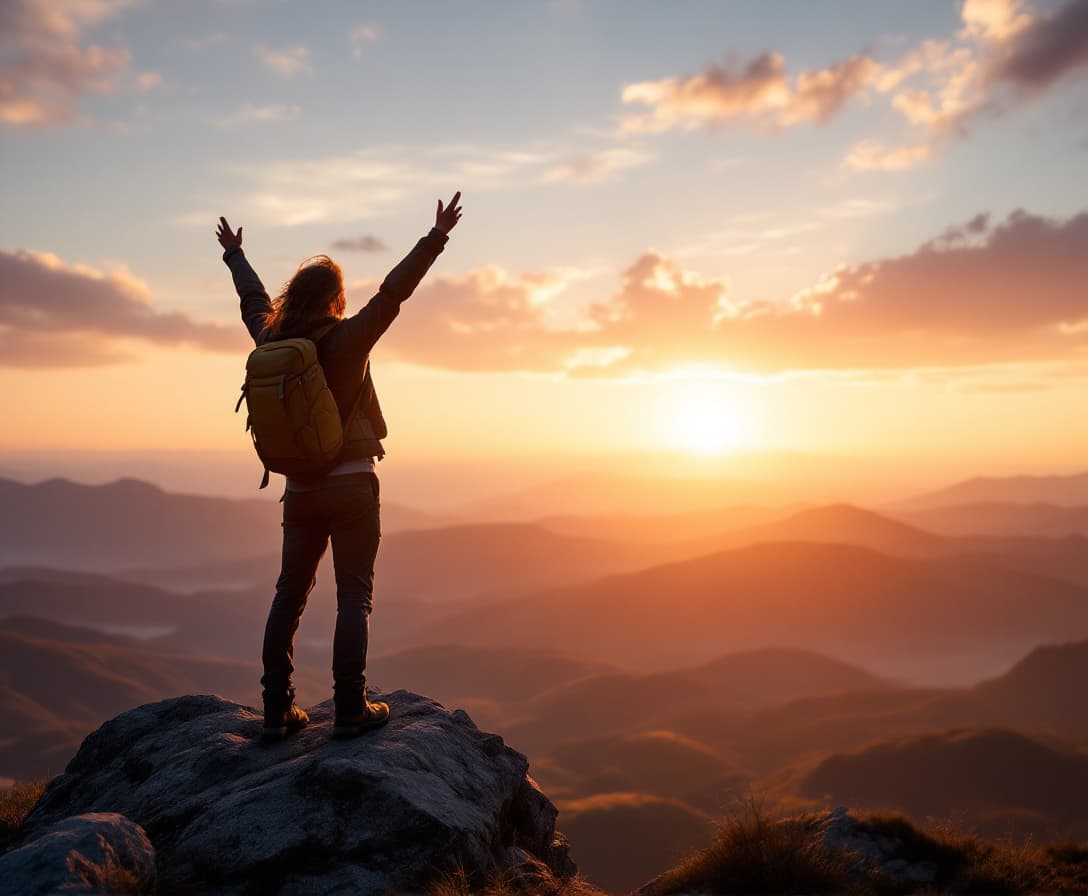 AI generated: Imagine a scene where a person stands at the top of a towering mountain peak. The sun is just beginn...