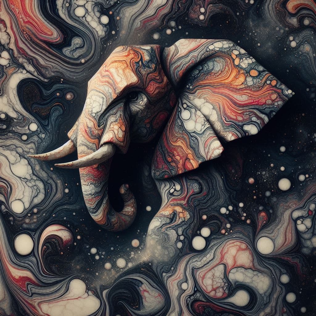 AI generated: Highly detailed Ebru-printed paper, elephant origami, particle dust, ultra realistic, unreal engine,...