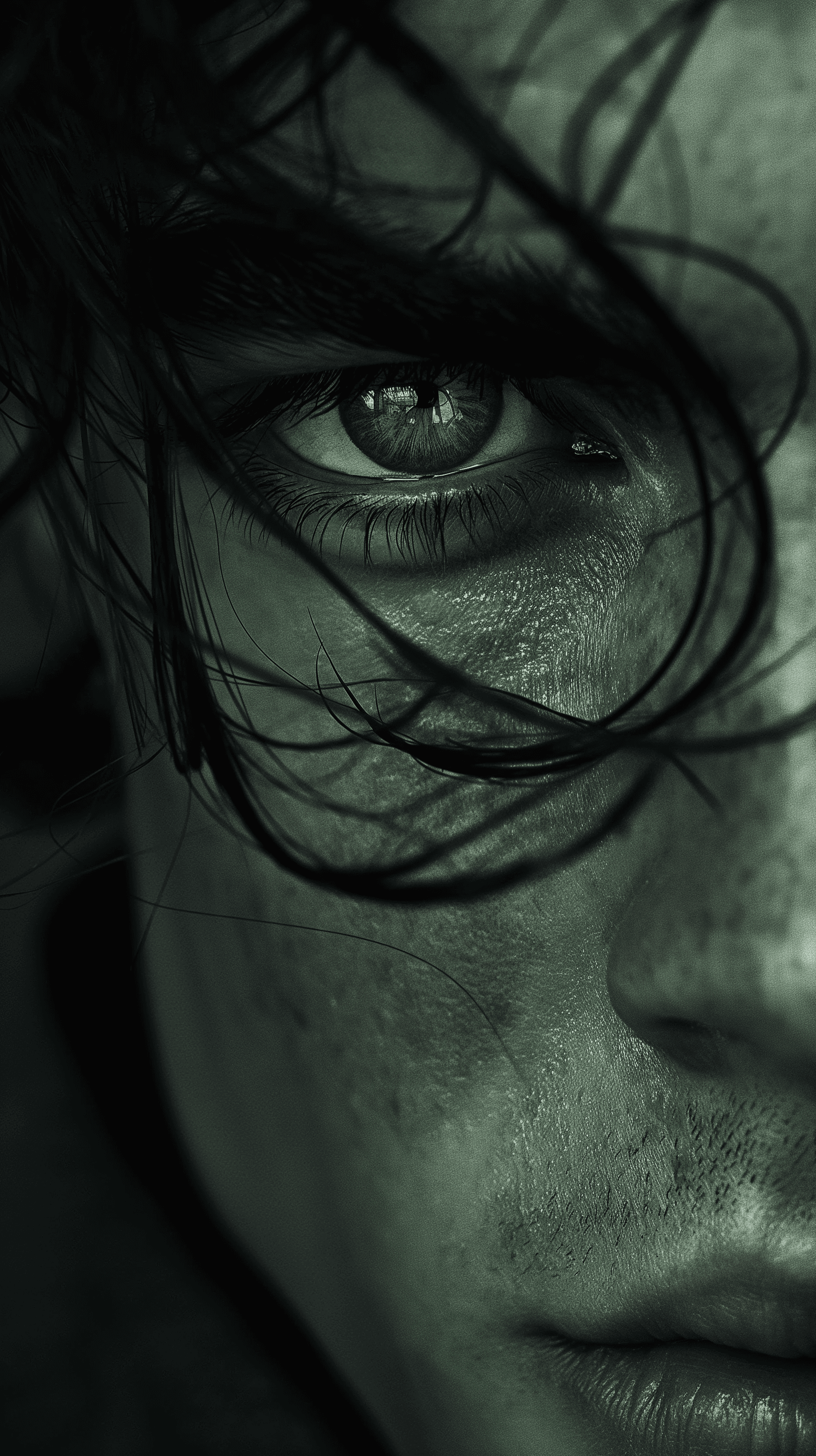 AI generated: dark monochrome portrait of a caucasian man, face serene and features sharp, framed by flowing dark ...