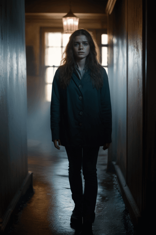AI generated: Full Body, film still of, a beautiful 21 year old woman, walking through a very dark haunted house, ...