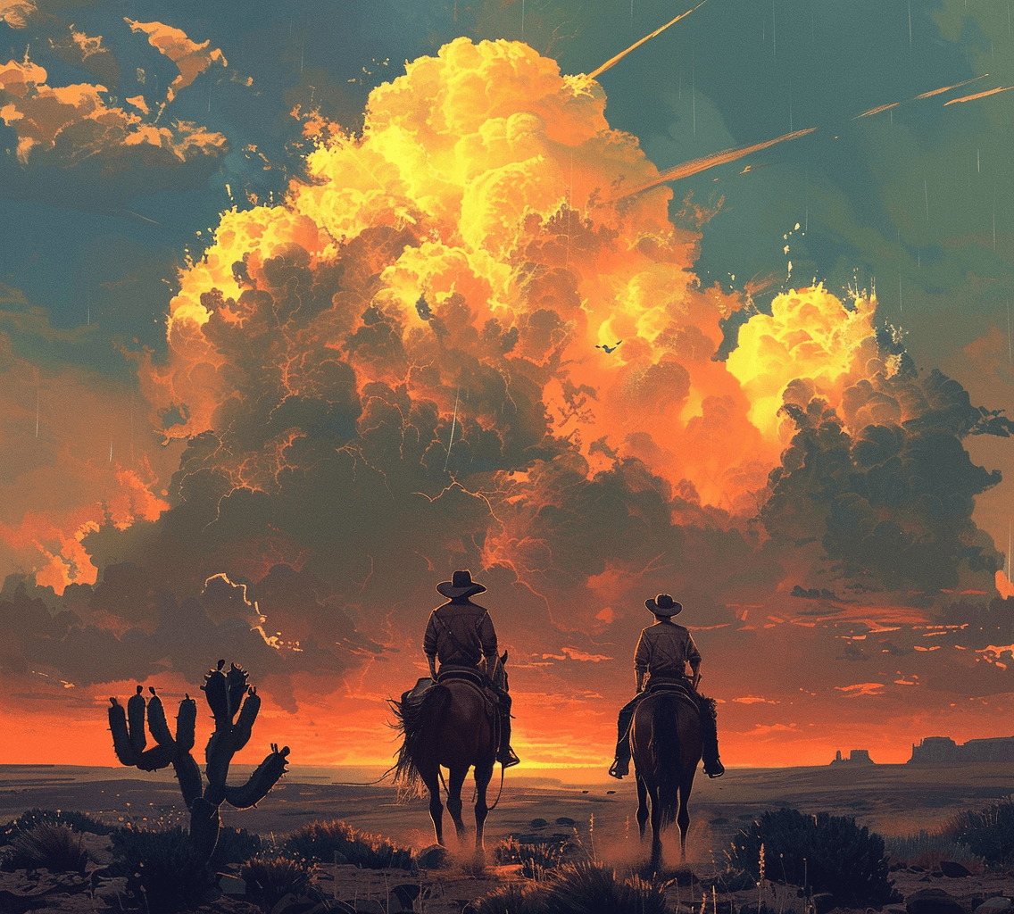 AI generated: Two cowboys on horseback in the desert, with massive clouds of dust rising behind them, in the style...