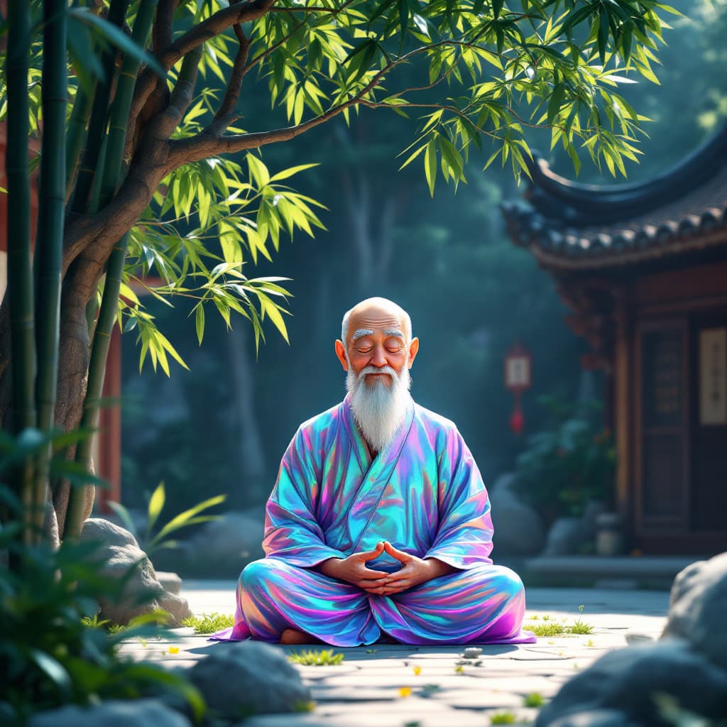 AI generated: A serene Zen temple nestled in the mountains, featuring a wise, elderly Zen master meditating in the...
