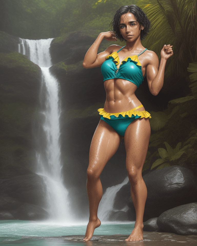 AI generated: Full body, Latina, tan, abs, soaking wet, short teal hair, freckles, excited, she is posing a path n...