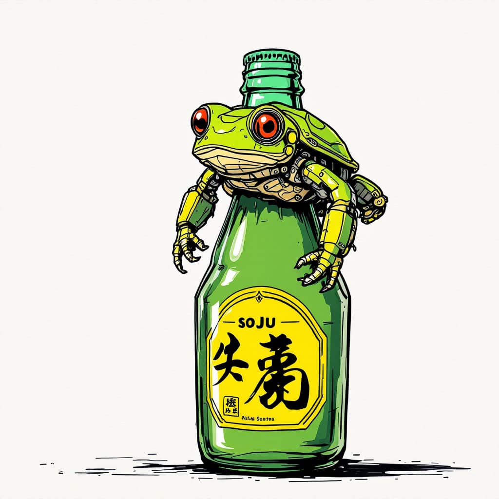 AI generated: Draw a mechanical toad on top of the soju bottle image.