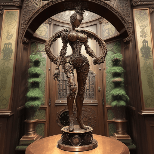 AI generated: Steampunk-inspired sculpture of a humanoid figure, meticulously crafted from intricate gears, cogs, ...